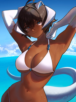 big_breasts bikini black_hair blue_eyes breasts clothing dark_body dark_skin eyebrows eyelashes facial_markings female glistening glistening_breasts hair hands_behind_head head_markings horn markings navel seaside short_hair smile solo swimwear tail two-piece_swimsuit white_bikini white_clothing white_swimwear distrbeachboy mythology animal_humanoid dragon dragon_humanoid humanoid mythological_creature mythological_scalie scalie 2025 3:4 hi_res