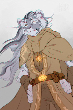anthro belt blue_eyes bottomwear brown_belt brown_bottomwear brown_clothing brown_pants brown_topwear cheek_tuft clothed clothed_male clothing facial_tuft fully_clothed fully_clothed_male fur grey_background grey_body grey_fur hair hands_on_hips heterochromia inner_ear_fluff jewelry long_hair looking_away male multicolored_hair necklace pants simple_background solo topwear tuft yellow_eyes azzai felid mammal pantherine snow_leopard colored colored_sketch digital_drawing_(artwork) digital_media_(artwork) sketch