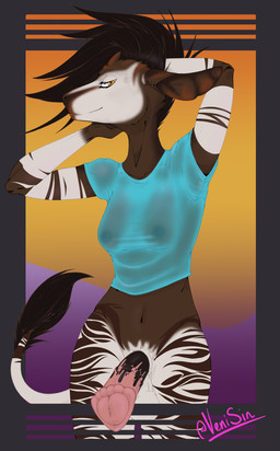 1980s_theme animal_genitalia animal_penis anthro balls bottomless breasts clothed clothing equine_genitalia equine_penis forced_perspective genitals gradient_background gynomorph hair horn intersex looking_at_viewer nipples penis simple_background smile smiling_at_viewer solo translucent translucent_clothing translucent_topwear yellow_eyes venisin mira_(venisin) giraffid mammal okapi 2020 hi_res