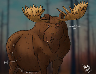 ambiguous_gender back_fat back_hump belly big_belly big_hump brown_belly brown_body brown_eyes brown_legs fat_hump fatty_humps feral forest huge_hump humped_back obese obese_ambiguous obese_feral overweight overweight_ambiguous overweight_feral plant rumbling_stomach shoulder_hump solo talking_to_viewer text tree yauhasart deer mammal moose new_world_deer 2024 english_text hi_res watermark