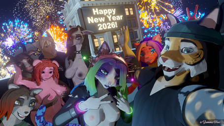 5_fingers anthro beanie black_hair blonde_hair breast_grab breasts brown_body brown_fur clothed clothing collar dyed_fur exposed_breasts facial_hair female fingers fireworks fur gesture goatee green_eyes green_hair group hair hand_gesture hand_on_breast hat headgear headwear looking_at_breasts looking_at_viewer looking_pleasured male markings neon_sign night nipples nude nude_anthro open_mouth orange_hair outside piercing pink_body pink_skin purple_body purple_fur purple_hair red_hair sign spots spotted_body spotted_fur tail text topwear v_sign yellow_body yellow_fur summapaw blender_eevee new_year_2026 new_years_eve summapaw_(character) bovid caprine domestic_cat domestic_pig equid equine felid feline felis giraffe giraffid goat horse lion lynx mammal pantherine procyonid raccoon suid suine sus_(pig) 16:9 2026 3d_(artwork) artist_name blender_(artwork) digital_media_(artwork) english_text hi_res signature widescreen