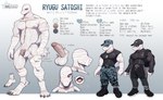 anthro areola balls bandage big_penis biped canid canine canis claws clothed clothing digitigrade english_text fingers flaccid foreskin fur genitals glans hat headgear headwear hi_res humanoid_genitalia humanoid_penis male mammal model_sheet muscular muscular_anthro muscular_male nipples penis plna ryugu_satoshi scar solo text vein veiny_penis white_body white_fur wolf