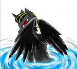 black_blood black_body black_feathers black_fur blood bodily_fluids colored_blood feathered_wings feathers feral fur horn looking_at_viewer looking_back looking_back_at_viewer male red_eyes solo unusual_blood unusual_bodily_fluids water wings flightless hasbro my_little_pony mythology cielo_rey neo equid equine mammal mythological_creature mythological_equine winged_unicorn low_res