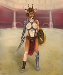 anthro armor biped black_horn black_nose breasts brown_eyes detailed_background exposed_breasts female grey_hooves holding_melee_weapon holding_object holding_shield holding_sword holding_weapon hooves horn melee_weapon nipples shield solo standing sword unconvincing_armor weapon lora_mclaren antelope bovid gazelle mammal 2021 5:6 absurd_res hi_res smaller_version_at_source