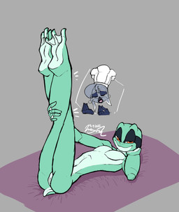 ambiguous_gender andromorph andromorph_anthro anthro athletic athletic_andromorph athletic_anthro athletic_intersex beak bedroom_eyes chef_hat clothing crossed_legs duo eyeshadow facial_hair feathers feet genitals gesture green_body grey_body grey_feathers hand_gesture hat headgear headwear holding_leg intersex intersex_anthro lying makeup membrane_(anatomy) multicolored_body mustache narrowed_eyes natural_eyeshadow navel nude_andromorph nude_anthro on_back orange_eyes pose presenting presenting_vulva pupils seductive smile square_pupils toes two_tone_body vulva webbed_feet webbed_hands white_body white_feathers wayesh dominique_(wayesh) hinato_(wayesh) amphibian avian bird common_gull frog gull lari larid absurd_res headshot_portrait hi_res portrait signature andromorph_(lore)