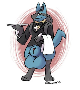 animal_genitalia anthro balls big_balls big_penis big_sheath black_body black_fur blue_body blue_fur bottomless bottomless_anthro bottomless_male bow_tie clothed clothing facial_markings fur genitals gloves_(marking) head_markings huge_balls huge_penis huge_sheath hyper hyper_balls hyper_genitalia hyper_penis hyper_sheath leg_markings looking_at_viewer male markings mask_(marking) pantsless_anthro pantsless_male penis red_eyes red_penis serving_tray sheath socks_(marking) solo standing waiter addragoness nintendo pokemon generation_4_pokemon lucario pokemon_(species) 2023 digital_drawing_(artwork) digital_media_(artwork) english_description