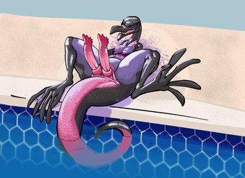 2_penises animal_genitalia animal_penis anthro areola black_body breasts cloaca cloacal_penis erection genitals glistening glistening_body gynomorph hemipenes intersex lying multi_genitalia multi_penis nipples on_back open_mouth outside partially_submerged penis pink_body poolside presenting presenting_penis purple_eyes semi-anthro smile solo spread_legs spreading tile tongue ediblecrustables nintendo pokemon generation_7_pokemon pokemon_(species) reptile salazzle scalie 2022 absurd_res digital_media_(artwork) hi_res trans_(lore) trans_woman_(lore)