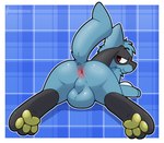 3_toes anus backsack balls bedroom_eyes butt butt_focus feet foot_focus generation_4_pokemon genitals hi_res looking_at_viewer looking_back looking_back_at_viewer lying male narrowed_eyes nintendo on_front pawpads paws perineum pokemon pokemon_(species) presenting presenting_hindquarters raised_tail riolu seductive silvrsterlng smile solo spread_legs spreading tail toes yellow_pawpads