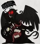 belly_mouth black_body bodily_fluids bonding clothing evil_grin eyeball feathered_wings feathers flying_sweatdrops glowing glowing_eyes group hat hatman headgear headwear long_tongue male nightmare_fuel ominous red_eyes shadow sharp_teeth smile sweat sweatdrop teeth tongue top_hat wings vonderdevil mothman cryptid monster digital_media_(artwork) lol_comments