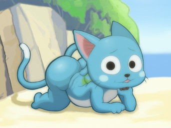 anthro back_tattoo beach belly belly_rolls big_butt blue_body blue_fur brown_nose brown_pawpads butt cheek_spots claws detailed_background dipstick_tail fur long_tail looking_at_viewer lying male markings multicolored_body nude on_front open_mouth outside pawpads paws pink_inner_ear plant sand slightly_chubby slightly_chubby_male solo tail tail_markings tattoo tree two_tone_body whiskers white_belly white_body white_fur dulone fairy_tail happy_(fairy_tail) domestic_cat exceed felid feline felis mammal 4:3