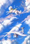 ambiguous_gender black_nose cloud day detailed_background duo_focus feathered_wings feathers group outside paws pink_nose sky skyscape smile white_body white_feathers wings ostinlein avian canid canine canis hybrid mammal wolf hi_res