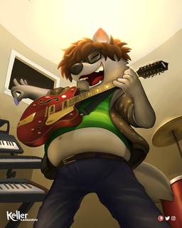 anthro battery belly_exposed belt bottomwear brown_hair clothing cymbals denim denim_bottomwear denim_clothing detailed_background drum drum_set electric_guitar eyes_closed eyewear glasses guitar guitar_pick guitarist hair jacket jeans keyboard_instrument male musical_instrument musical_keyboard navel overweight overweight_anthro overweight_male pants percussion_instrument playing_guitar playing_music plucked_string_instrument smile smirk solo string_instrument tom_drum topwear wearing_glasses kellerkangaroo canid canine canis mammal wolf 4:5