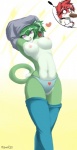 anthro breasts clothed clothing duo exclamation_point female green_hair hair heart_symbol legwear male nipples panties purple_eyes ribbons solo_focus spitting stockings tongue tongue_out topless underwear undressing redwolfxiii domestic_cat felid feline felis mammal hi_res