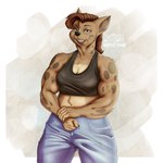 anthro bottomwear clothing female flexing gesture hair looking_at_viewer muscular pants solo topwear vein g0ni25 clara_(ermwhat) hyena mammal spotted_hyena 1:1 2023 absurd_res hi_res