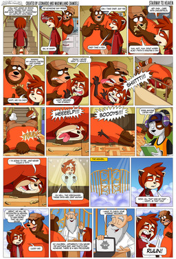 anthro computer death detailed_background dialogue electronics falling_down_stairs food fries gates_of_heaven group headphones heart_attack heaven humor internet_history laptop male overweight overweight_male text xamoel beast_house chad_(xamoel) wimpy_(xamoel) yoshi_(xamoel) ailurid angel bear canid canine canis domestic_dog mammal red_panda comic english_text hi_res