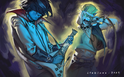 2_horns alternative_fashion ambiguous_gender anthro duo electric_guitar electronics guitar horn lips male microphone mohawk musical_instrument playing_guitar playing_music plucked_string_instrument punk realistic string_instrument stekinox deltarune undertale_(series) kris_dreemurr ralsei bovid caprine darkner goat human mammal 16:10 2025 absurd_res hi_res widescreen