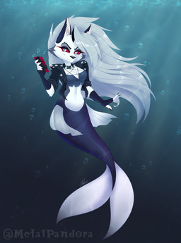 5_fingers anthro breasts cellphone cleavage clothed clothing collar electronics female fingers grey_hair hair holding_cellphone holding_object holding_phone holding_smartphone long_hair looking_at_viewer musical_note musical_symbol phone red_sclera smartphone smile solo spiked_collar spikes split_form symbol underwater water white_eyes metalpandora hellaverse helluva_boss mythology loona_(helluva_boss) aquatic canid canid_demon canine demon hellhound hybrid mammal merfolk mythological_canine mythological_creature 2021 digital_media_(artwork) signature watermark