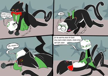 anthro blush blush_lines bow_tie dialogue duo green_arms green_eyes heterochromia male male/male pink_eyes red_bow_tie tail tail_motion tailwag text yellow_eyes one_rttdklwn deltarune undertale_(series) cat_mike_(deltarune) mike_(deltarune) small_mike_(deltarune) domestic_cat felid feline felis mammal pippins_(deltarune) tuxedo_cat absurd_res comic english_text hi_res