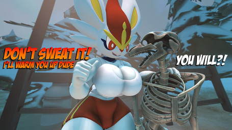 anthro big_breasts big_butt bone bottomwear box bra breasts butt cleavage clothed clothing container crate duo excited female fence fencepost fur gesture hand_gesture kindness male male/female night plant red_eyes shorts skeleton snow snow_on_trees street_lamp text thumbs_up tree underwear white_body white_fur workout_clothing furchev kabalmystic_(modeler) petruz_(modeler) nintendo pokemon cinderace generation_8_pokemon lagomorph mammal monster pokemon_(species) undead 16:9 3d_(artwork) 4k absurd_res cover digital_media_(artwork) hi_res source_filmmaker_(artwork) widescreen