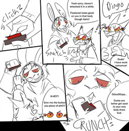 anthro blush body_swap dialogue duo male male/male permanent_transformation pushbutton sound_effects text railroad_rabbit elysio_(asrio) rabbit_(railroad_rabbit) canid canine canis dingo lagomorph leporid mammal rabbit comic english_text hi_res sketch