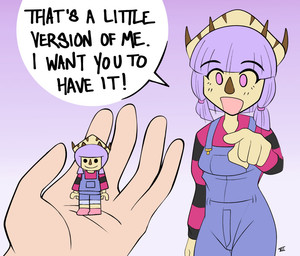 3_horns 5_fingers abstract_background ambiguous_gender ambiguous_pov anthro clothing dialogue duo eyelashes facial_horn female fingers first_person_view frill_(anatomy) hair horn human_pov light_body light_skin long_sleeves looking_at_viewer multi_horn nose_horn open_mouth open_smile overalls pink_eyes purple_hair scales smile talking_to_viewer text yellow_body yellow_scales seven_(artist) adult_swim cartoon_network cavemanon_studios lego smiling_friends snoot_game lavender_(snoot_game) ceratopsian ceratopsid chasmosaurine dinosaur human lego_minifigure mammal marginocephalian ornithischian prehistoric_species reptile scalie triceratops 2025 digital_drawing_(artwork) digital_media_(artwork) english_text
