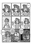 anthro bodily_fluids card cash_register duo ellipsis female humor male profanity store sweat text galactabee nikki_(galactabee) canid canine canis domestic_dog lizard mammal reptile scalie 2021 absurd_res comic english_text hi_res monochrome