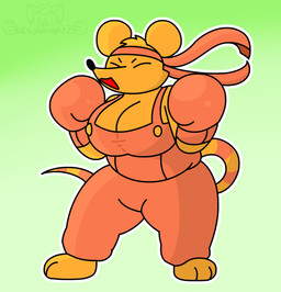 accessory anthro big_breasts boxing_gloves breasts clothing female fur handwear headband headgear headwear orange_body orange_fur overalls short shortstack shortstack_female solo standing thick_thighs eagleknight23 deltarune undertale_(series) orange_(deltarune) mammal mouse murid murine rat rodent absurd_res hi_res