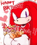 anthro big_eyes birthday black_nose bouquet clothing crooked_tail flower fur hair handwear happy heart_symbol holding_flower holding_object long_hair looking_at_viewer male mittens mostly_nude plant red_body red_fur red_hair smile solo tail tan_body tan_skin text toony urahyu sega sonic_the_hedgehog_(series) knuckles_the_echidna echidna mammal monotreme english_text japanese_text low_res translation_request