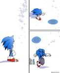 anthro blue_body bodily_fluids clothing crying footwear gloves handwear inner_monologue looking_at_hand looking_up male running shadow shoes simple_background solo sparkles speech_bubble tears text thinking white_background quavernsfw sega sonic_the_hedgehog_(series) sonic_the_hedgehog eulipotyphlan hedgehog mammal 2025 artist_name cel_shading comic digital_media_(artwork) end_page english_text hi_res shaded