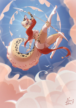 anthro bottomwear breasts butt camel_toe clothed clothing cloud countershading crop_top female freckles fur hair horn inner_ear_fluff knee_highs legwear looking_at_viewer looking_down low-angle_view melee_weapon midair midriff polearm shirt shorts sky solo spear spots stockings tail tentacle_tail tentacles thick_thighs tight_clothing topwear tuft unusual_anatomy unusual_tail weapon neon-chan danielle_(neon-chan) felid feline mammal serval 2022 hi_res signature