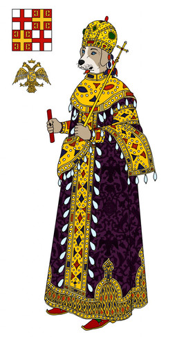 anthro biped byzantine clothed clothing cross crown emblem emperor gem headgear holding_object jewelry looking_at_viewer male medieval royalty scepter shirt simple_background solo standing topwear tunic white_background ohs688 constantine_xi_dragases_palaiologos accipitrid accipitriform avian bird canid canine canis domestic_dog eagle mammal 2016 full-length_portrait hi_res portrait