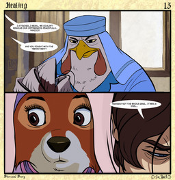 anthro beak black_nose blood blood_stain bodily_fluids border brown_eyes brown_hair cheek_tuft clothed clothed_anthro clothed_female clothing countershade_face countershade_fur countershading dialogue eyebrows eyelashes facial_tuft feather_hands feathers female female_anthro fur group hair headdress holding_needle holding_object holding_sewing_needle inside iris light_body light_skin male male_human narrowed_eyes needle_and_thread nobleman page_number pain philtrum pupils sewing_needle side_glance sitting snout speech_bubble standing surgical_suture talking_to_another text title trio tuft wimple window winged_arms wings sir_paulus disney robin_hood_(disney) lady_kluck maid_marian pavel_(sir_paulus) avian bird canid canine canis chicken fox galliform human mammal phasianid artist_name comic english_text hi_res