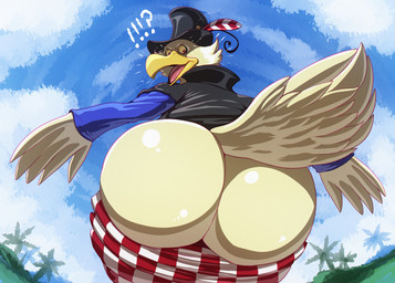 anthro beak big_butt bottomwear bottomwear_down butt clothed clothing feathers hat headgear headwear male open_beak open_mouth outside pants pants_down partially_clothed solo surprised white_body white_feathers klent one_piece morgans_(one_piece) albatross avian bird procellariiform absurd_res hi_res
