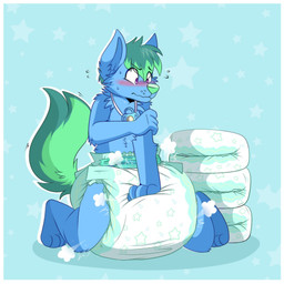 ambiguous_gender anthro big_diaper blue_background blue_body blue_fur blue_pacifier blush blush_lines bodily_fluids border clean_diaper clothed clothing cloud_emanata diaper diaper_puff emanata embarrassed flying_sweatdrops folded_diaper fur green_hair green_nose green_tail hair hand_on_arm hand_on_diaper kneeling pacifier pacifier_necklace simple_background solo sweat sweatdrop tail touching_diaper wavy_mouth wearing_diaper whisker_spots white_border jupiters bondi_(bonded_friendship) canid canine fox mammal 1:1 full-length_portrait hi_res portrait
