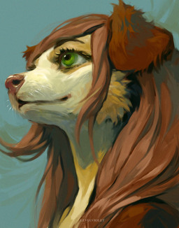 anthro bangs brown_nose eyelashes female fur green_eyes hair long_hair looking_forward low-angle_view red_hair side_view simple_background smile snout solo swept_bangs text whiskers levelviolet canid canine mammal artist_name bust_portrait digital_media_(artwork) digital_painting_(artwork) english_text hi_res painting_(artwork) portrait shaded simple_shading watermark