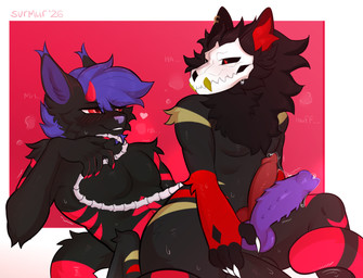 abstract_background animal_genitalia anthro anthro_on_anthro balls bedroom_eyes big_hands big_penis black_body black_fur blush bodily_fluids bone canine_genitalia claws digitigrade dripping duo ear_piercing erection eye_contact feline_genitalia fluffy_ears fluffy_mane foreplay frottage fur genital_fluids genitals gold_(metal) gold_stripes gold_tooth grey_body grey_fur grin hair heat_(temperature) knot knotted_penis looking_at_another love male male/male male_anthro mane markings multicolored_body multicolored_fur muscular muscular_anthro muscular_male narrowed_eyes nude nude_anthro nude_male on_bottom on_top penile penis penises_touching piercing poker_(poker_the_skulldog) poker_symbols precum precum_drip purple_hair red_stripes reverse_cowgirl_position seductive senu_(senu_the_demoncat) sex skull skull_head skull_tail smile stripes sweat teeth text thick_thighs svrmur canid canine cat_demon demon felid feline mammal monster skulldog_(species) digital_drawing_(artwork) digital_media_(artwork) hi_res shaded