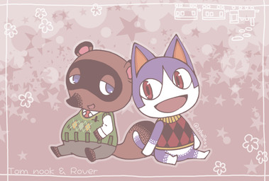 anthro blue_eyes bottomwear brown_body brown_fur chibi clothing duo fur pants sitting slightly_chubby hellox2 animal_crossing nintendo rover_(animal_crossing) tom_nook_(animal_crossing) canid canine domestic_cat felid feline felis mammal raccoon_dog tanuki 2016