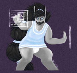 6_fingers ambiguous_gender anthro bared_teeth black_ears black_epithelium black_hair black_tongue blue_clothing blue_dress blue_eyes blue_hair_tie claws clothed clothing crown dress ear_tuft finger_claws fingers floor_length_hair grey_body grey_claws grey_finger_claws grey_inner_ear grey_skin grey_teeth hair hardlight hardlight_screen headgear looking_at_object looking_at_screen open_mouth purple_background sharp_teeth simple_background snarling solo teeth text textured_background tiara tied_hair tongue touching_screen tuft underwear upskirt white_clothing white_underwear babbage ktho alien niln 2022 dated signature nonbinary_(lore)