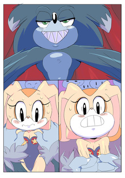 anthro audience bare_shoulders bodily_fluids border clothing duo female flat_chested grabbing_partner grin group imminent_sex imminent_vaginal leotard male male/female nervous smile standing strapless_clothing strapless_leotard sweat white_border cloudz sega sonic_the_hedgehog_(series) sonic_unleashed cream_the_rabbit sonic_the_werehog eulipotyphlan lagomorph leporid mammal rabbit werecreature wereeulipotyphlan werehog comic hi_res