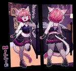 anthro biped bottomwear clothed clothing ear_piercing female hair navel open_mouth open_smile piercing pink_hair skirt smile solo tail text young young_anthro young_female sicmop millie_(sexkitten666) domestic_cat felid feline felis mammal alpha_channel english_text hi_res