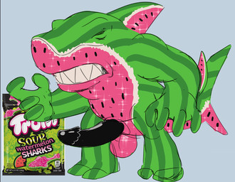 anthro balls black_penis candy clenched_teeth dessert erection food fruit genitals green_body male melon penis plant sharp_teeth solo standing teeth watermelon perpleon trolli aquatic fish food_creature shark 2021 colored_sketch full-length_portrait portrait sketch