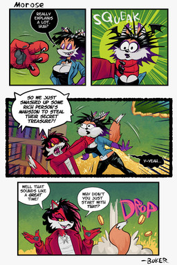 anarchy_symbol angry anthro big_breasts black_bottomwear black_choker black_clothing black_hair black_jewelry black_necklace black_pants black_speech_bubble black_top blue_clothing blue_jacket blue_topwear book bookshelf bottomwear breasts bulging_eyes chest_wraps choker cleavage clothed clothing coin dialogue duo ear_piercing eyeshadow female fur furniture gold_(metal) gold_coin hair head_wings highlights_(coloring) industrial_piercing industrial_piercing_ladder jacket jewelry makeup midriff multicolored_hair neck_grab necklace orange_body orange_fur pants piercing pile_of_gold pink_highlights puffed_cheeks purple_body purple_eyeshadow purple_fur purple_hair purple_sclera red_body red_fur red_trenchcoat sharp_teeth smile strangling tail teeth text throat_grab topwear two_tone_hair unusual_wing_placement white_body white_fur wide_eyed wings wraps yellow_eyes boker laura_derose val_(boker) bat-eared_fox canid canine canis fox mammal red_wolf wolf 2:3 artist_name comic english_text signature