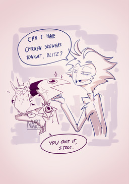 anthro beak clothing dialogue flirting group hair horn humor male ominous plumage shirt simple_background slim smile suit text topwear worried nurinaki hellaverse helluva_boss blitzo_(helluva_boss) stolas_(helluva_boss) avian bird demon humanoid imp owl owl_demon 2025 comic english_text hi_res line_art signature sketch