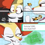 anthro burping digestion duo female female_pred macro male male/female micro open_mouth text vore voregonzola nintendo pokemon gorg(voregonzola) braixen canid canine fox generation_6_pokemon mammal pokemon_(species) 1:1 comic hi_res sequence