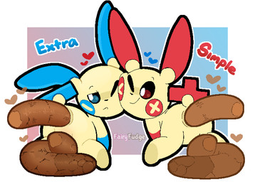 ambiguous_gender anthro anus biped blue_eyes border butt cheek_markings duo face_squish facial_markings featureless_crotch feces feces_in_ass feces_pile frown gradient_background head_markings heart_symbol kneeling markings null one_eye_closed pooping pooping_on_floor pooping_together rear_view red_eyes scatplay simple_background smile squish tail text white_border fairyfudge nintendo pokemon generation_3_pokemon minun plusle pokemon_(species) artist_name digital_media_(artwork)
