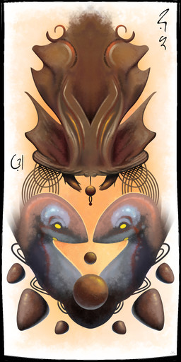 abstract_art bronze_(metal) decoration duo facing_each_other feral floating_object gradient_background grey_body simple_background smooth_skin symmetrical_drawing thorns thread unknown_object yellow_eyes shufflefur alien birrin 1:2 hi_res unknown_language