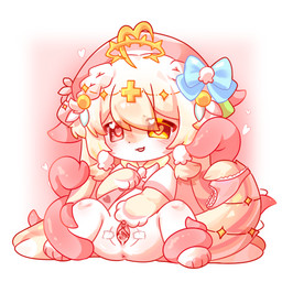4_fingers 4_toes accessory anus blonde_hair bow_ribbon braided_hair clothing consentacles dress feet female fingers fur genitals hair hair_accessory hair_bow hair_ribbon halo heart_symbol heterochromia long_tail panties pink_eyes ribbons semi-anthro short_hair small_anus smile solo sparkles spread_vulva spreading tail tape tentacles toes toony underwear vulva yellow_body yellow_eyes yellow_fur young unknown_artist lagomorph leporid mammal rabbit 1:1 hi_res