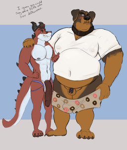 4_toes abs anthro anthro_on_anthro balls belly big_penis black_chastity_cage black_nose blush chastity_cage chastity_device clothed clothing collar comparing comparing_penis dialogue duo feet flaccid foreskin genitals horn huge_penis humanoid_genitalia humanoid_penis humiliation jockstrap larger_but_small lock long_penis male male/male moobs muscular muscular_male muscular_sub navel nipples overweight overweight_male padlock partially_clothed pecs penis penis_humiliation penis_size_difference shirt small_penis small_penis_humiliation standing submissive t-shirt tail text toes topwear underwear tcw mythology canid canine dragon mammal mythological_creature mythological_scalie scalie 2018 english_text