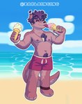 anthro athletic athletic_male beach body_hair clothing cloud dessert eating eyes_closed food ice_cream male navel nipples paws pubes shirtless solo standing swimwear tail tongue tongue_out whistle_(object) wristband zabloinging mammal mustelid otter hi_res