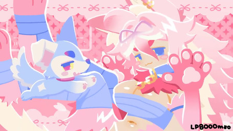 blinking blue_body blue_fur blush bouncing_breasts breasts cleavage clothed clothing collar crop_top duo female fur gesture hair leg_wrap long_hair markings mole_(marking) mole_on_breast navel neck_tuft paws pink_body pink_ears pink_fur pink_hair shirt smile tail tail_motion tailwag topwear tuft waving lp8000mao animal_humanoid canid canid_humanoid canine canine_humanoid canis dog_humanoid domestic_dog humanoid mammal mammal_humanoid 16:9 2d_animation animated motion_tweening no_sound short_playtime video widescreen